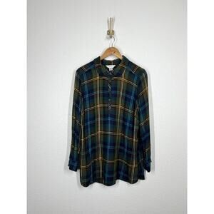 CJ Banks Plaid Tunic Top Size 2X 1/4 Snap Neck Navy Green Yellow